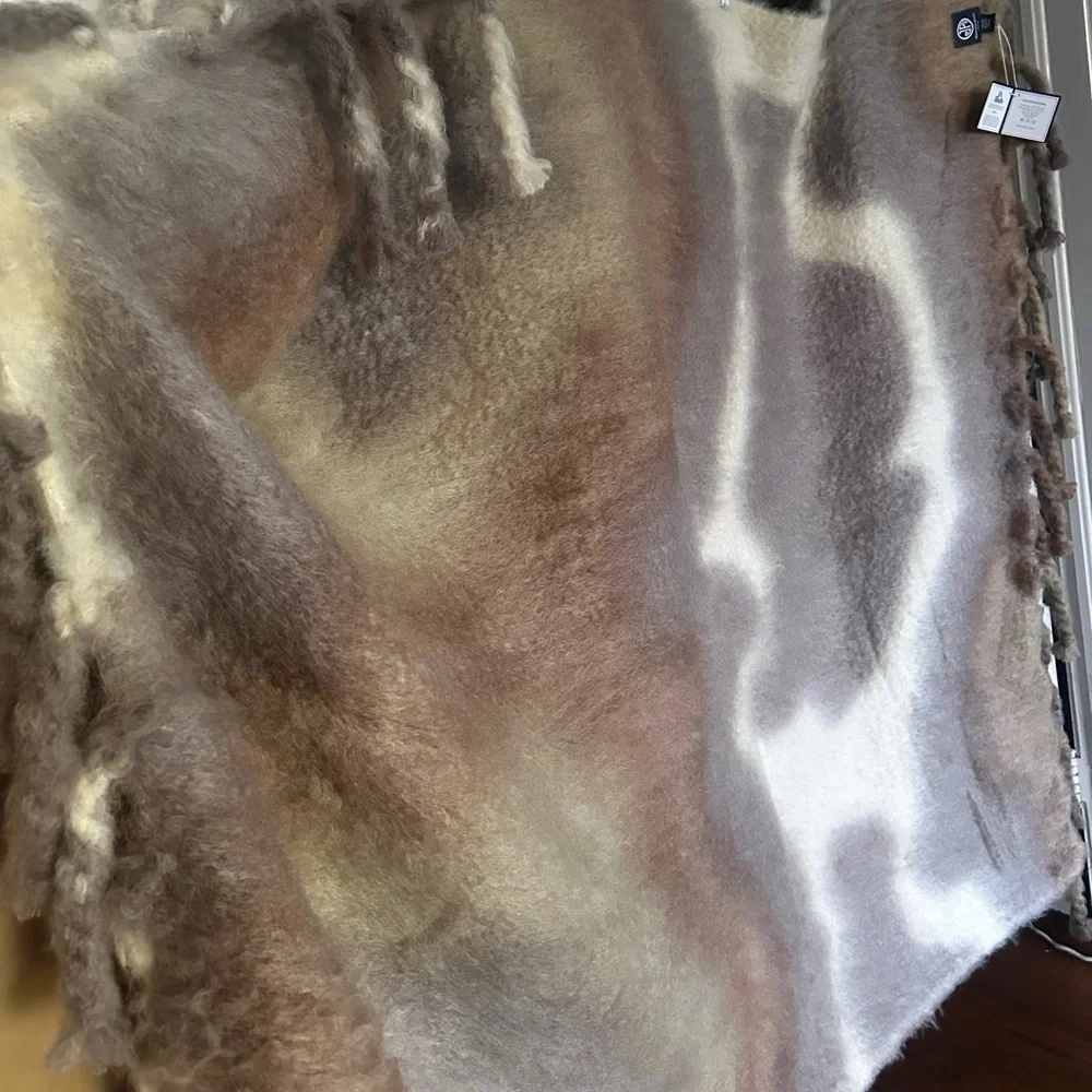 NWT Jonathan Adler throw blanket striped tie die mohair cream white tan fringe